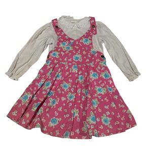 Vintage OshKosh Bgosh Girls Pink Floral Jumper Dress & Lace Collar Blouse Set 6